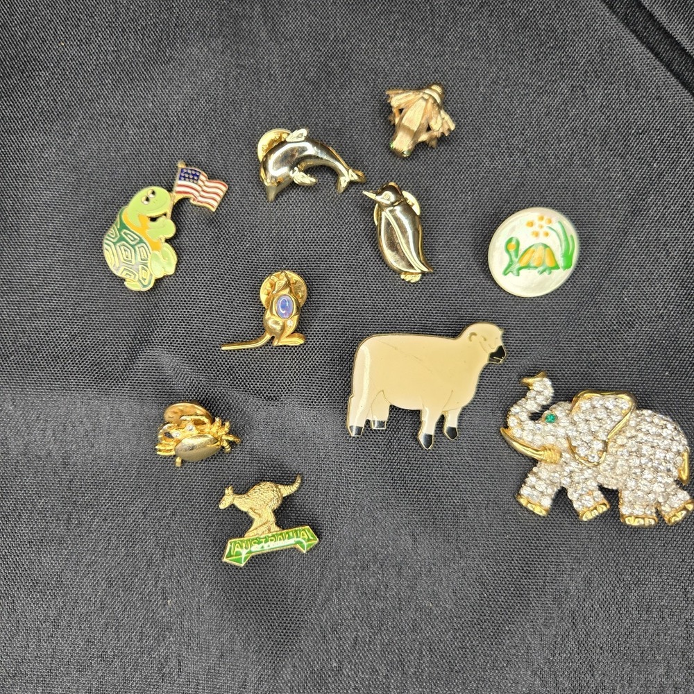 Vtg Animal Pin Lot Elephant Rhinestone Enamel Gold Tone Grandma Core Kitsch 10pc